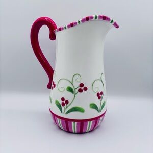 Fitz & Floyd Mingle Jingle Be Merry Ceramic Pitcher Holiday Striped Floral 9.5”